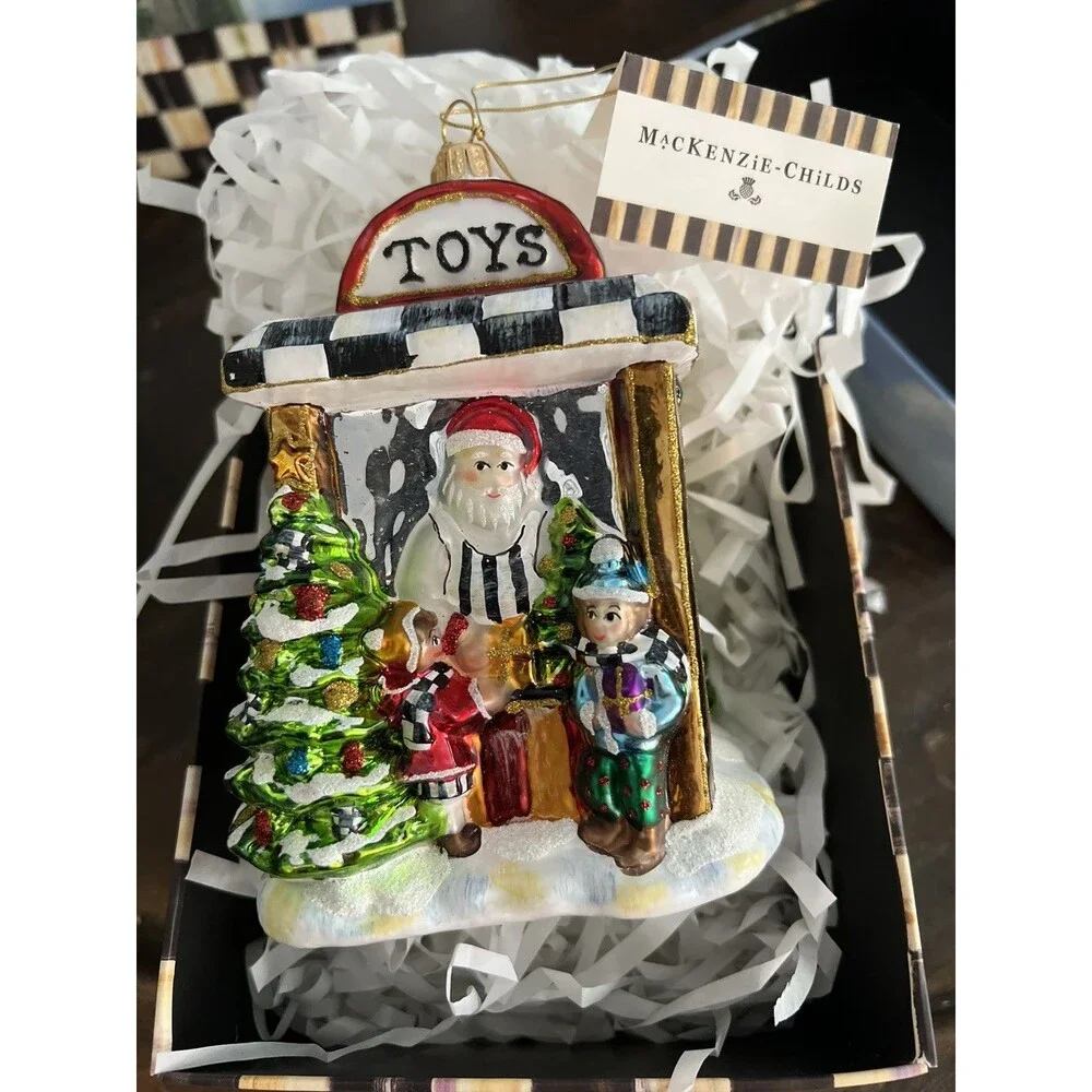 Mackenzie Childs Santa’s Toy Store Glass Ornament New in Box